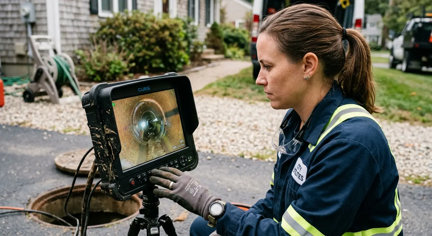 Technician reviewing sewer camera inspection footage in Silver Spring