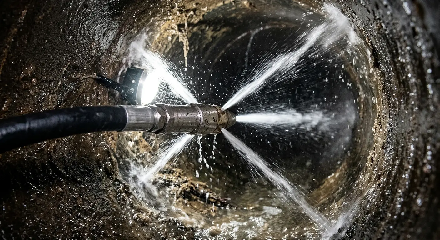 High-pressure hydro jetting nozzle cleaning sewer pipe for Trenchless Sewer Repair in Silver Spring