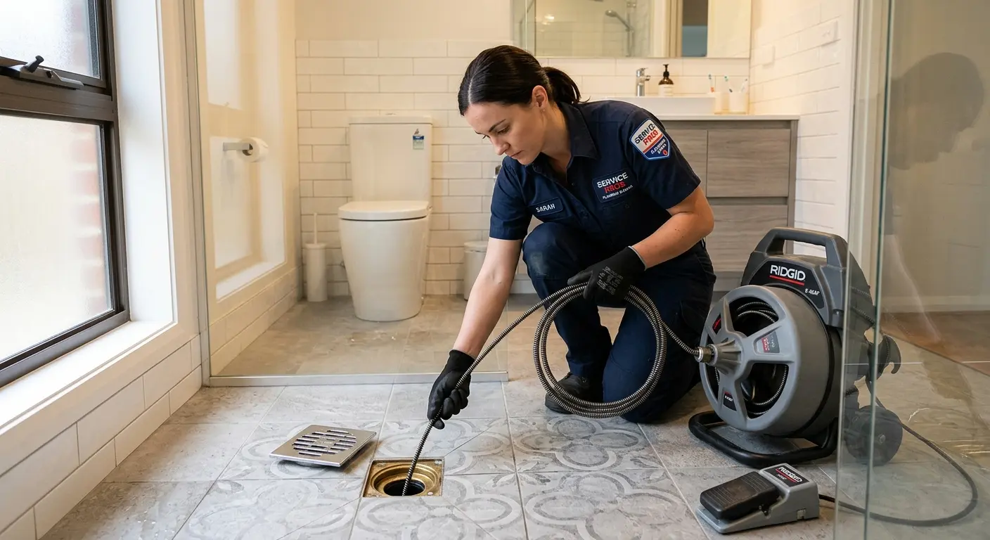 Technician clearing a bathroom floor drain for Hydro Jetting in Silver Spring
